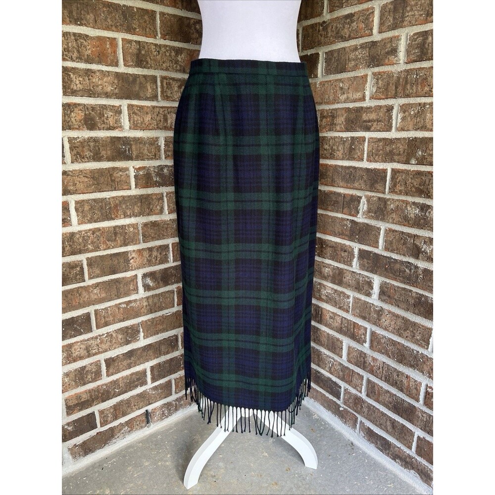 Vtg Briggs Black Green Plaid Tartan Fringed Midi Skirt Preppy Academia Sz 12
